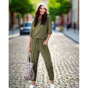 Olive Half Sleeve Button Down Jogger Jumpsuit w/ Pockets Olive Green